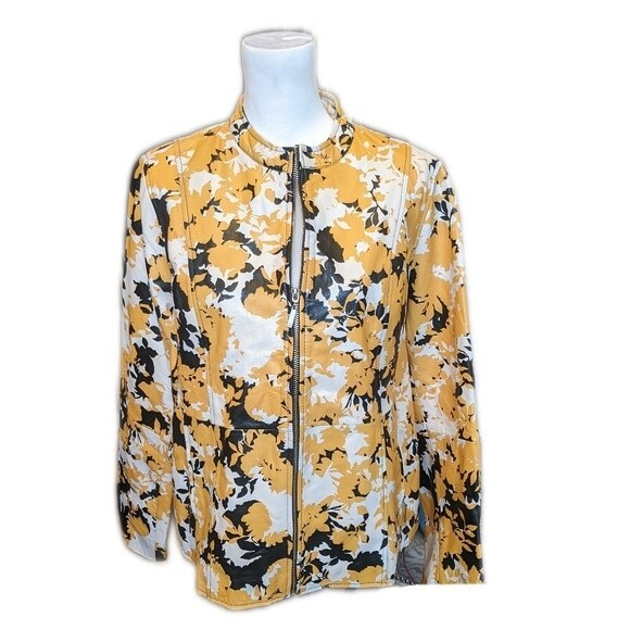 Jessica London Outerwear NWT genuine leather full zip jacket yellow black 16W